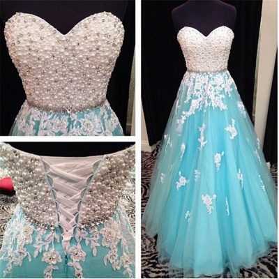 Popular A-line Lace Prom Dresses Pearls Lace Up   Evening Dress_3