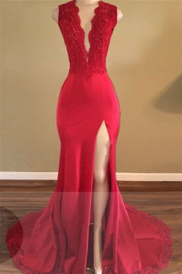 V-neck Red Backless Sleeveless Beads Front-Split Newest  Prom Dress BA5293_1