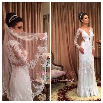 White Column Sleeve Long Lace Sheath Floor-length Wedding Dress_1
