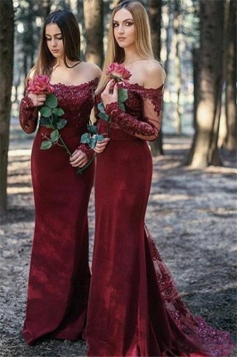 Long Sleeve Lace Burgundy Bridesmaid Dresses Long |  Sexy  Maid of Honor Dresses_1