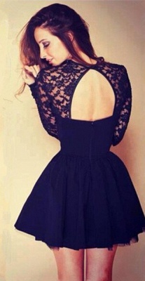 Cocktail Dresses  Jewel Long Appliques Sleeve Short Hollow Back Black  Homecoming Gowns_2