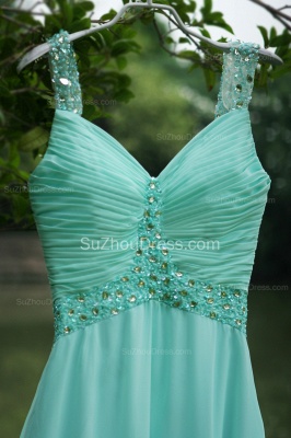 Modern Blue Prom Dresses V Neck Sequined Crystal Beading Sash Pleats Floor Length Zipper Chiffon Beach Evening Gowns_3