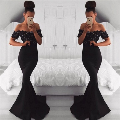 Black Off the Shoulder Lace Mermaid Prom Dresses  Short Sleeves Evening Gowns AN0_3