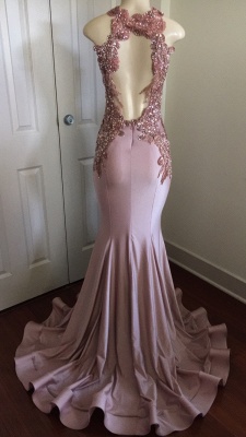 Pink Sleeveless Mermaid Prom Dresses  | Open Back Beads Crystals Appliques Evening Gown BA8042_4