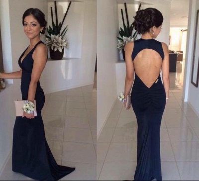 Simple V-Neck Black Summer Beach Evening Dress Open Back Mermaid  Party Gowns BA3567_3