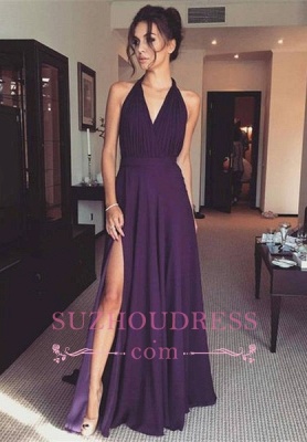 Chiffon Long Front-Split Halter Modern A-line Prom Dress_2