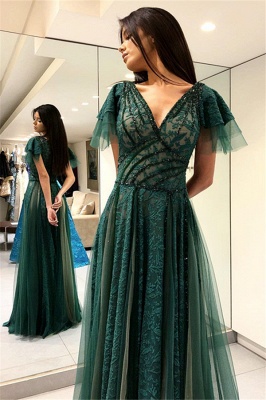 Green A-line Short Sleeves Prom Dresses | V-Neck Lace Prom Dresses_1
