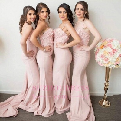 Pink Mermaid 3D-Floral-Appliques Spaghettis-Straps Bridesmaid Dresses_1