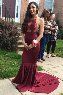 Burgundy Halter Backless Prom Dress  Sheath Appliques Sexy Evening Gown_1