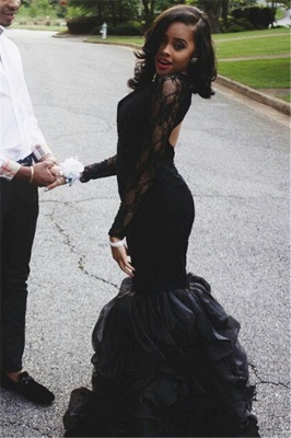 Mermaid Ruffles Long Sleeve Lace Prom Dresses  Sexy Keyhole Black Evening Gown BA4937_3