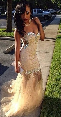 Sweetheart Champagne Prom Dresses Sequins Beads Strapless Tulle Evening Gowns BA7302_1