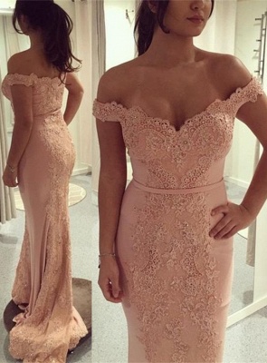 Glamorous Mermaid Off-the-Shoulder Evening Dresses  Lace Appliques Prom Dresses_1
