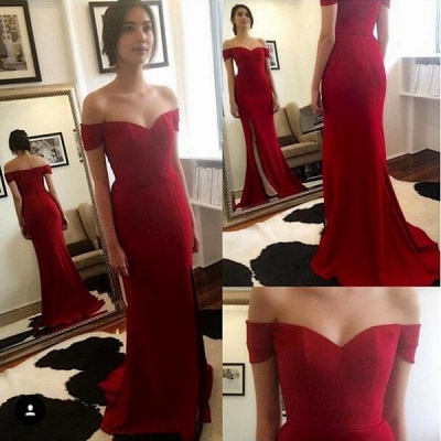 Red Off The Shoulder Prom Dresses   Evening Dress for Bridesmaid with Split BA3543_4