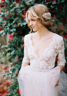 V-Neck Half Sleeve Lace Summer Wedding Dress Elegant Tulle  A-Line Bridal Gowns_4