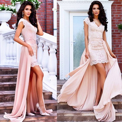 Lace Pink V-neck Short Evening Dresses with Overskirt  Formal Dress_6