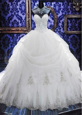 Elegant White Sweetheart Crystal Ball Gown Wedding Dress Court Train Bowknot Bridal Gowns with Beadings_1