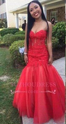 Mermaid Sweetheart  Tulle Floor-Length Sleeveless Lace Red Prom Dresses_2
