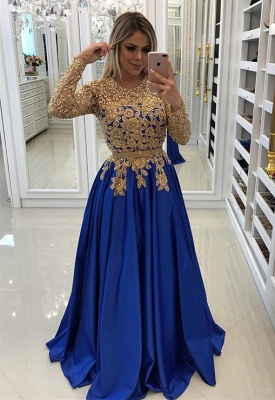 Modern Royal Blue & Gold Lace Evening Dress | Long Sleeve Party Gown_1