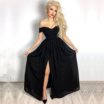 Simple Sexy Black Formal Dresses  | Off The Shoulder Front Slit Evening Dresses_3