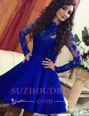 Short A-Line Lace Long Sleeve Short Party Dress Cute  Royal Blue Homecoming Dresses BA3800_2