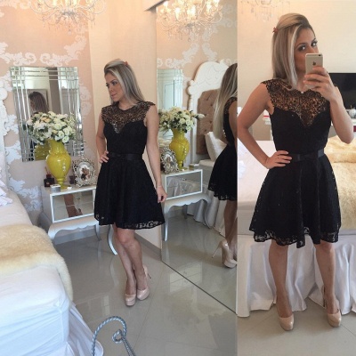Gorgeous Black Lace Short Little Party Dress Illusion Sleeveless  Homecoming Dresses_3