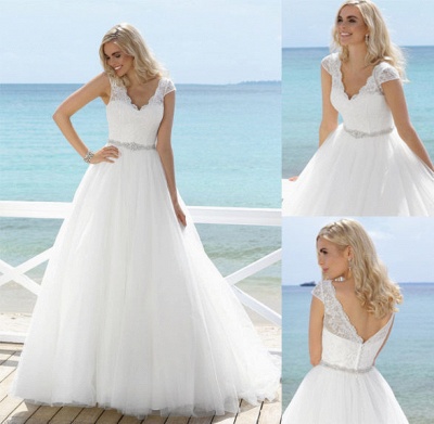 Lace Crystal Beading Wedding Dresses A Line V Neck Cap Sleeves  Tulle Bridal Gowns_2