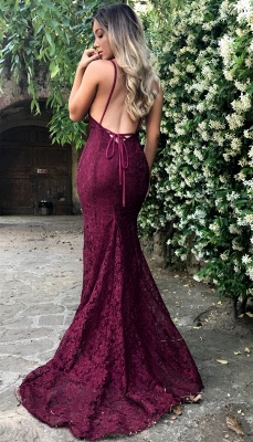 Sexy V-neck Burgundy Lace Formal Evening Dresses  Backless Mermaid Prom Dress FB0157_4