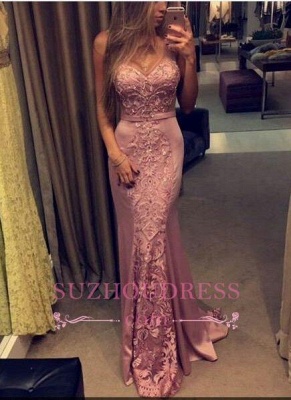 Lace-Appliques Pink Sleeveless Sweetheart-Neck Mermaid Evening Gowns_2
