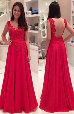 A-Line Red Elegant Floor Length Prom Dress Lace Applique Open Back Evening Dresses_1