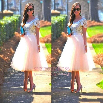 Elegant Lace Short Sleeves Tea Length A-Line Tulle Evening Dress_1