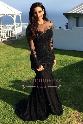 Sexy Black Tulle Mermaid Prom Dresses  Long Sleeve Applique Evening Dresses BA3566_1