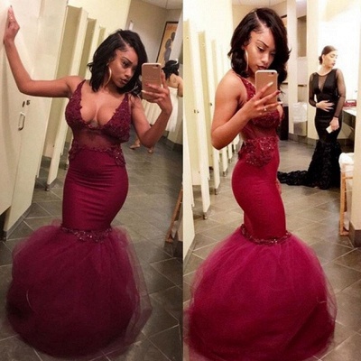 Sexy Straps Burgundy Prom Dresses  | Appliques Puffy Tulle See Through Evening Gown_3
