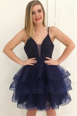 Dark Navy Short Spaghetti Straps Homecoming Dresses | Sleeveless Crystal Hoco Dresses_1