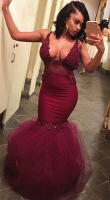 Sexy Straps Burgundy Prom Dresses  | Appliques Puffy Tulle See Through Evening Gown_1