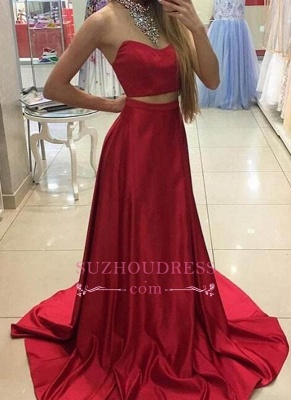 Long Sleeveless Red Two Piece Prom Dresses  Crystals High Neck Evening Gowns_2