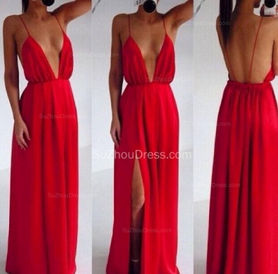 Red Prom Dresses  Spaghetti Straps Sleeveless Side Slit Chiffon Elegant Backless Charming Evening Gowns BO6889_2