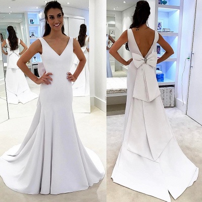 V-neck Simple A-line Wedding Dress | White Chic Backless Bridal Gowns_3
