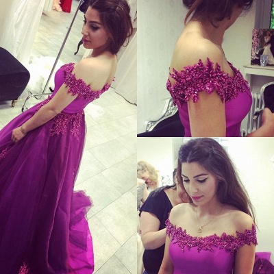 A-Line Off Shoulder Lace Prom Dress with Beadings Sweep Train Formal Special Occasion Gowns_2