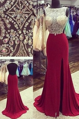 Sexy Bateau Backless Evening Dresses Burgundy Prom Dress With Beading_1