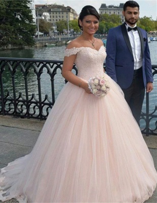Latest Off Shoulder Ball Gown Princess Dress Tulle Lace Applique  Wedding Dress_1
