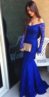 Mermaid Long Sleeve Royal Blue  Evening Dress Lace Off the Shoulder Party Gown BO9295_4