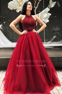 Red A-line Halter Evening Dress | Sleeveless Floor-Length Beadings Tulle Formal Dresses_1