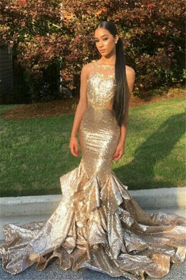 Gold Sequin Mermaid Prom Dresses  Sleeveless Ruffles Evening Gowns SK0128_1