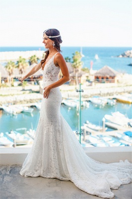 Deep V-neck Mermaid Lace Summer Wedding Dress Bohemian Sleeveless Open Back Boho Bridal Dresses_3