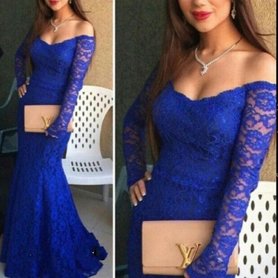 Mermaid Long Sleeve Royal Blue  Evening Dress Lace Off the Shoulder Party Gown BO9295_1
