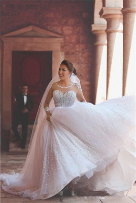 Luxurious Long Sleeve Sheer Tulle Wedding Dresses  Beadings Ball Gown Bridal Dresses_5