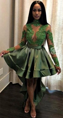 Sexy See Through Lace Long Sleeve Prom Dress |   Hi-lo Dark Green Evening Dress_1
