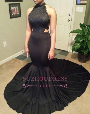 Sleeveless Backless Lace  Evening Gown Mermaid Black Long Prom Dresses BA2666_1