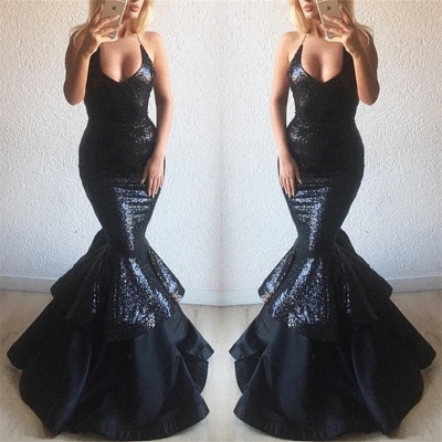 Black Sequins Sexy Evening Dresses   | Mermaid Sleeveless Straps Prom Dresses Online_3