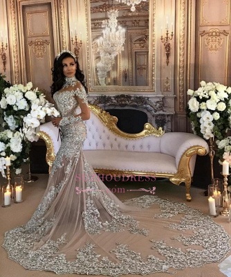 Long Sleeve Silver High Neck Popular Evening Dress Lace Mermaid  Luxury Wedding Dresses BH-362_1